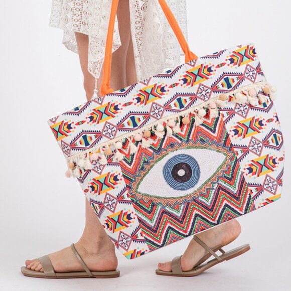 NEW Evil Eye Boho Print Pom Pom Boho Fringe Tote Bag Handbag Bohemian Style - Picture 1 of 9